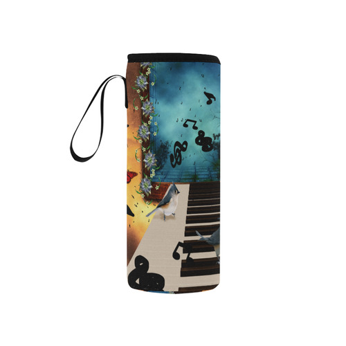 Music, birds on a piano Neoprene Water Bottle Pouch/Small