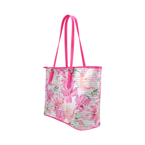 Watercolor Flowers Stripes Wallpaper 01 Leather Tote Bag/Large (Model 1651)