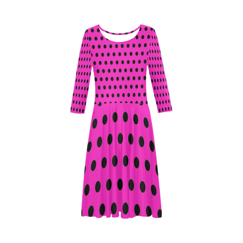 Hot Pink Black Polka Dots Elbow Sleeve Ice Skater Dress (D20)