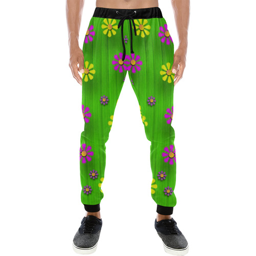 flower print on green Men's All Over Print Sweatpants (Model L11)