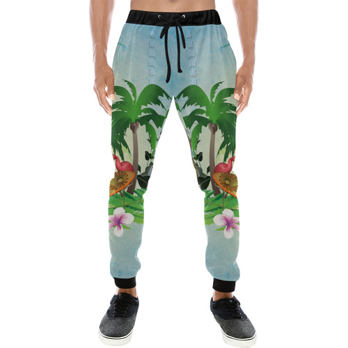 Tropical design with surfboard, palm and flamingo