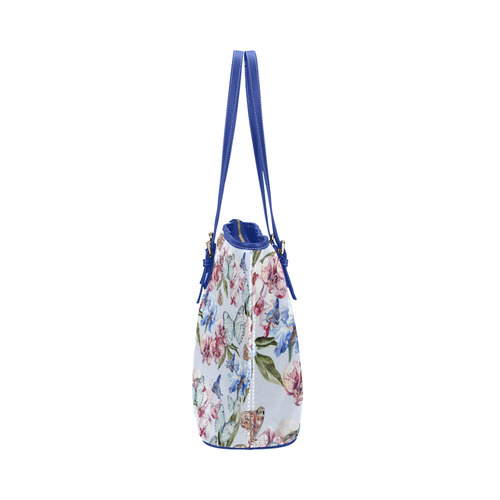 Watercolor Flowers Butterflies Pattern blue red Leather Tote Bag/Large (Model 1651)