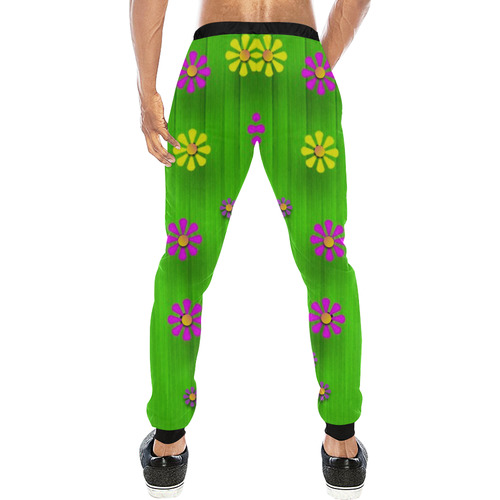 flower print on green Men's All Over Print Sweatpants (Model L11)