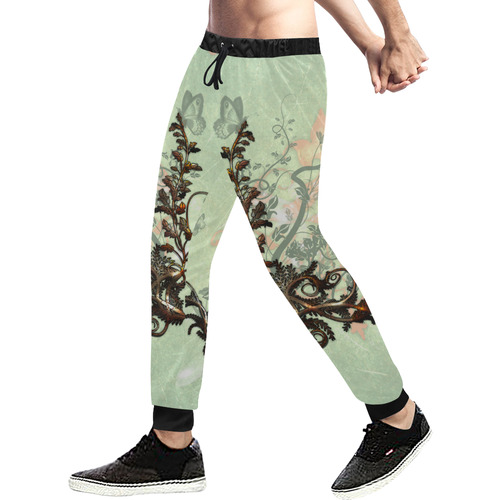 Flower power on soft green background Men's All Over Print Sweatpants (Model L11)
