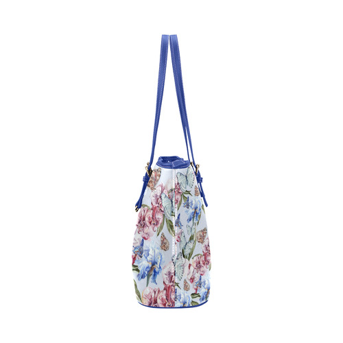 Watercolor Flowers Butterflies Pattern blue red Leather Tote Bag/Large (Model 1651)