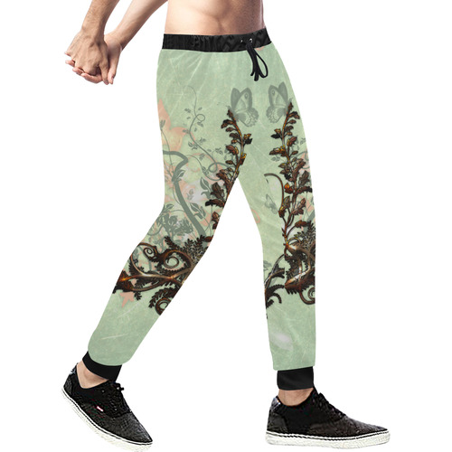 Flower power on soft green background Men's All Over Print Sweatpants (Model L11)