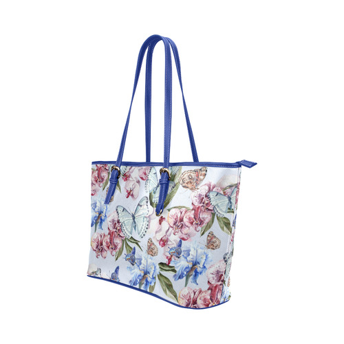 Watercolor Flowers Butterflies Pattern blue red Leather Tote Bag/Large (Model 1651)