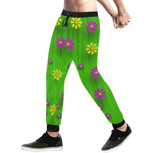 flower print on green Men's All Over Print Sweatpants (Model L11)