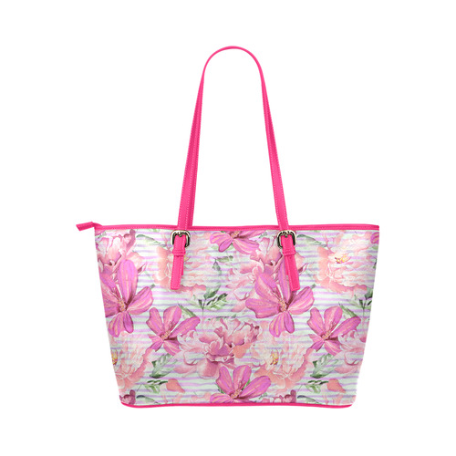 Watercolor Flowers Stripes Wallpaper 01 Leather Tote Bag/Large (Model 1651)