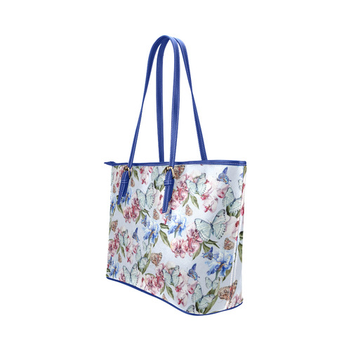 Watercolor Flowers Butterflies Pattern blue red Leather Tote Bag/Large (Model 1651)