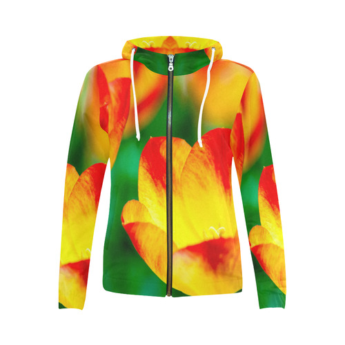 tulip flower flora red yellow green color spring All Over Print Full Zip Hoodie for Women (Model H14)