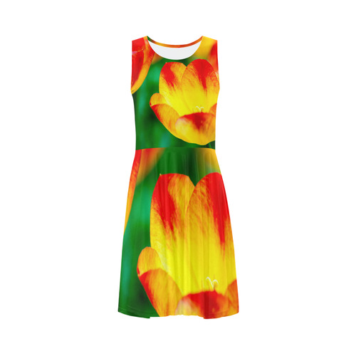 tulip flower flora red yellow green color spring Sleeveless Ice Skater Dress (D19)