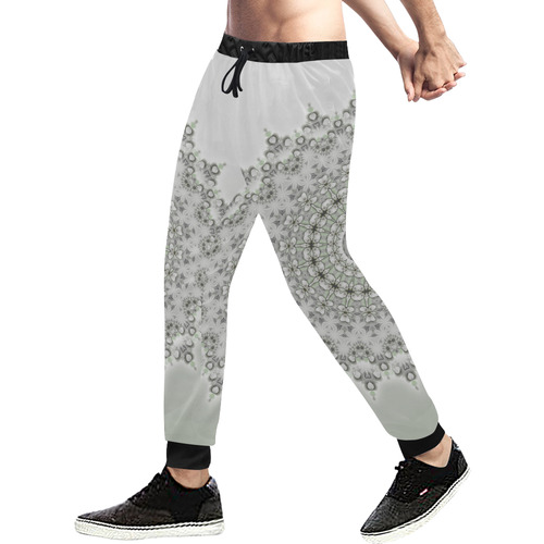 Kaleidoscope Fractal Mandala Grey Green Men's All Over Print Sweatpants (Model L11)