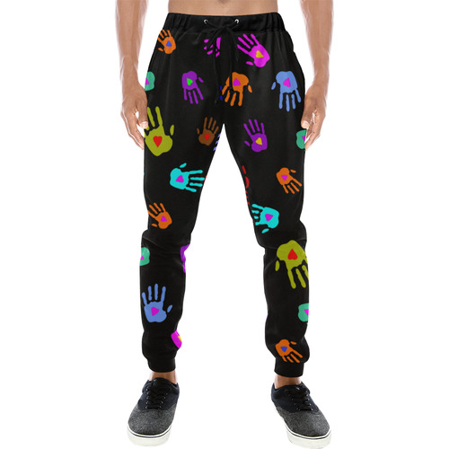 Multicolored HANDS with HEARTS love pattern Men's All Over Print Sweatpants (Model L11)