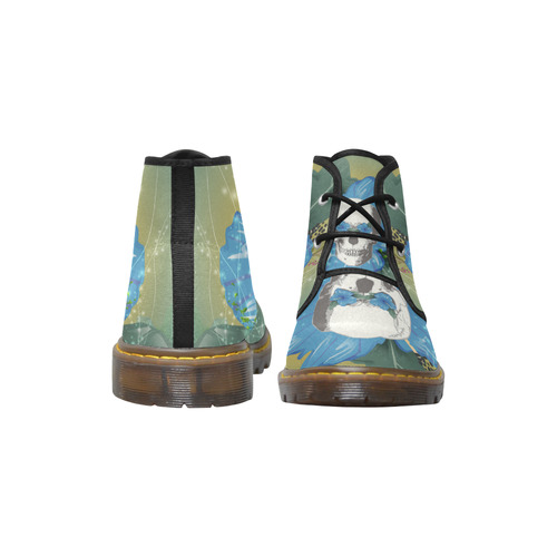 Funny skull with blue flowers Women's Canvas Chukka Boots/Large Size (Model 2402-1)