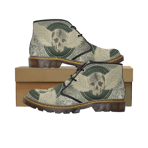 Skull with wings and roses on vintage background Women's Canvas Chukka Boots (Model 2402-1)