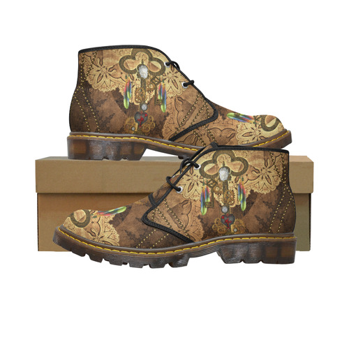 Steampunk, key with clocks, gears and feathers Women's Canvas Chukka Boots (Model 2402-1)