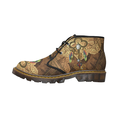 Steampunk, key with clocks, gears and feathers Women's Canvas Chukka Boots (Model 2402-1)