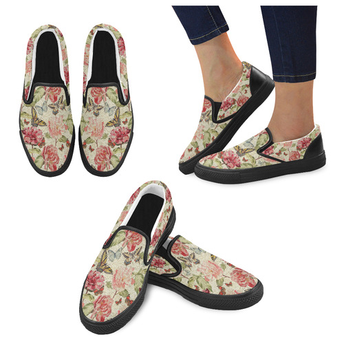 Watercolor Vintage Flowers Butterflies Lace 1 Women's Slip-on Canvas Shoes (Model 019)