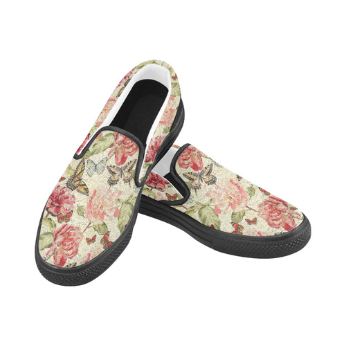 Watercolor Vintage Flowers Butterflies Lace 1 Women's Slip-on Canvas Shoes (Model 019)