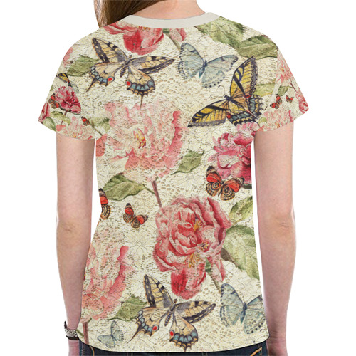 Watercolor Vintage Flowers Butterflies Lace 1 New All Over Print T-shirt for Women (Model T45)
