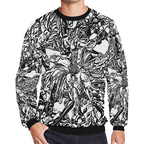 Inky Black and White Floral 2 by JamColors Men's Oversized Fleece Crew Sweatshirt/Large Size(Model H18)