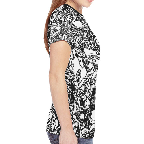 Inky Black and White Floral 2 by JamColors New All Over Print T-shirt for Women (Model T45)