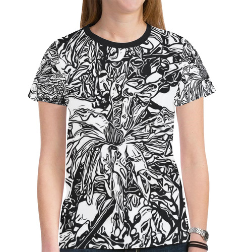 Inky Black and White Floral 2 by JamColors New All Over Print T-shirt for Women (Model T45)