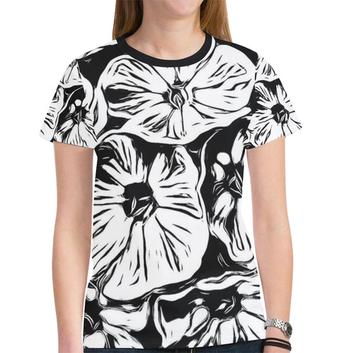 Inky Black and White Floral 3 by JamColors New All Over Print T-shirt for Women (Model T45)