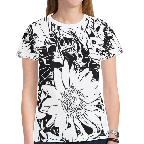 Inky Black and White Floral 1 by JamColors New All Over Print T-shirt for Women (Model T45)