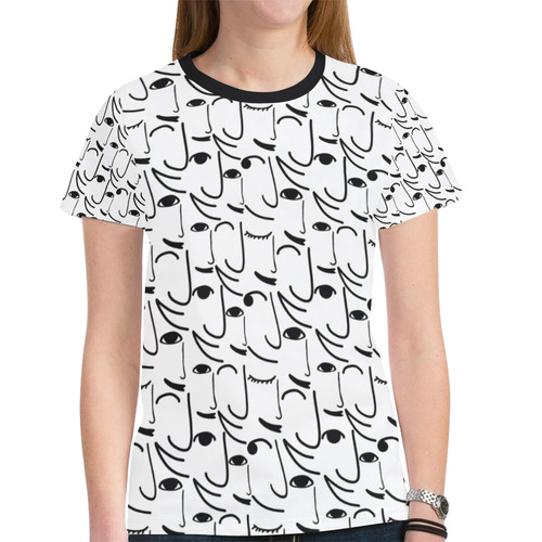 Doodle Art Smiling Side Faces New All Over Print T-shirt for Women (Model T45)