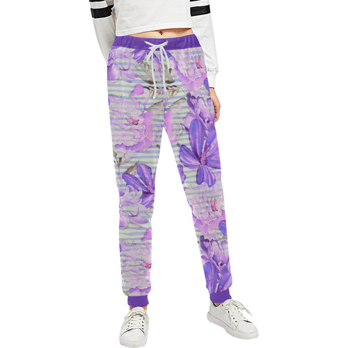 Watercolor Flowers Stripes Wallpaper 03 Unisex All Over Print Sweatpants (Model L11)