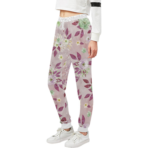 Watercolor Spring Flowers Pattern plum green Unisex All Over Print Sweatpants (Model L11)