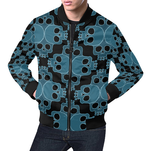 Skull Jigsaw Blue All Over Print Bomber Jacket for Men (Model H19)