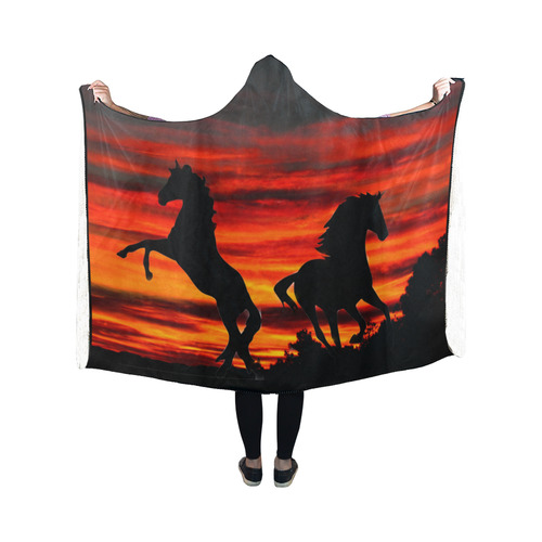 horses and sunset by Martina Wevster Hooded Blanket 50''x40''