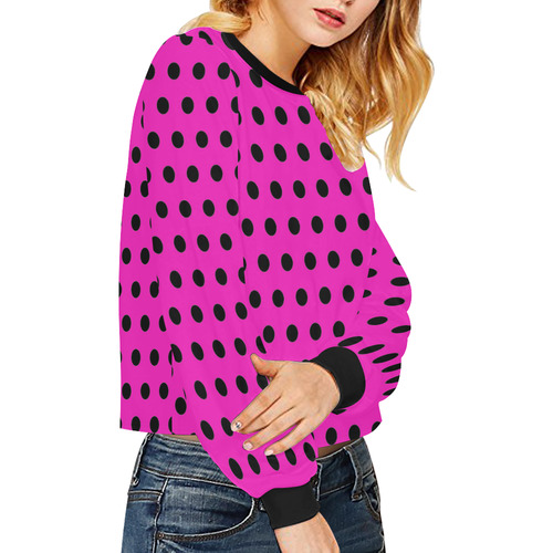 Hot Pink Black Polka Dots Crop Pullover Sweatshirts for Women (Model H20) | ID: D2260742