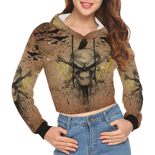 The scary skull with crow All Over Print Crop Hoodie for Women (Model H22)