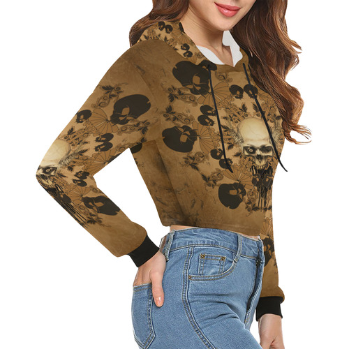 Skull with skull mandala on the background All Over Print Crop Hoodie for Women (Model H22)