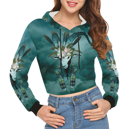 The billy goat with feathers and flowers All Over Print Crop Hoodie for Women (Model H22)
