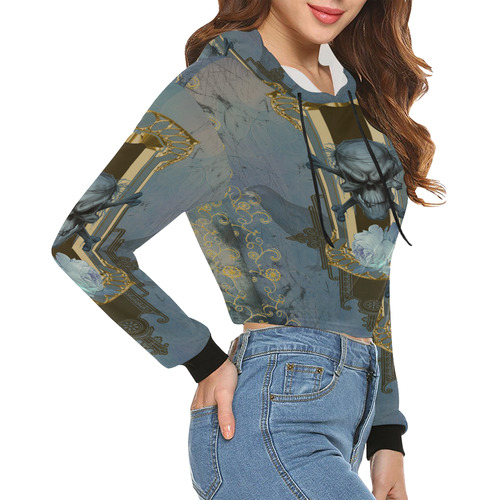 The blue skull with crow All Over Print Crop Hoodie for Women (Model H22)