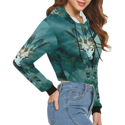 The billy goat with feathers and flowers All Over Print Crop Hoodie for Women (Model H22)
