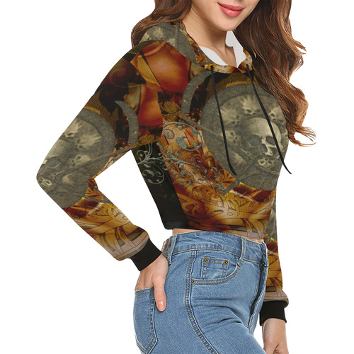 Awesome creepy skulls All Over Print Crop Hoodie for Women (Model H22)