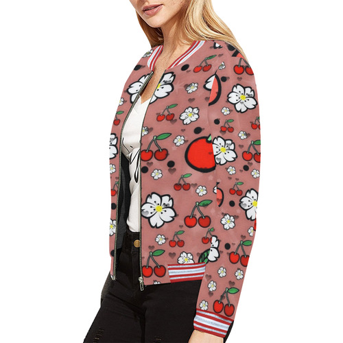 Cherry Popart by Nico Bielow All Over Print Bomber Jacket for Women (Model H21)