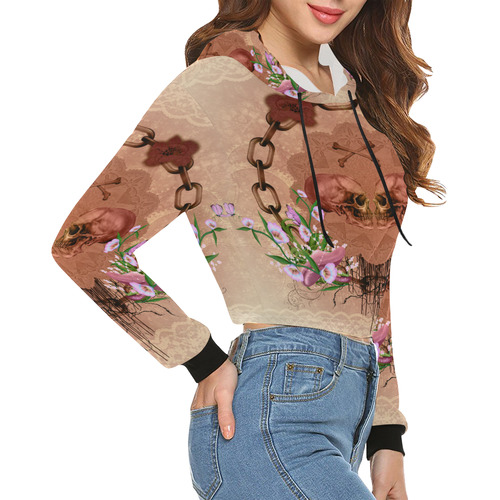 Awesome skulls with flowres All Over Print Crop Hoodie for Women (Model H22)