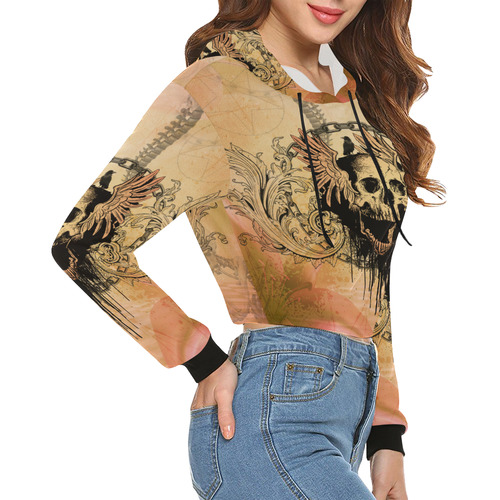 Amazing skull with wings All Over Print Crop Hoodie for Women (Model H22)