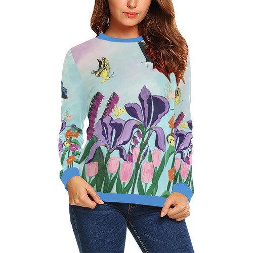 Garden of Heavenly Delights Women's Blue Trim Sweatshirt All Over Print Crewneck Sweatshirt for Women (Model H18)