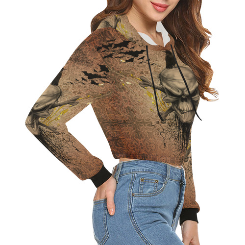 The scary skull with crow All Over Print Crop Hoodie for Women (Model H22)