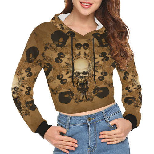 Skull with skull mandala on the background All Over Print Crop Hoodie for Women (Model H22)