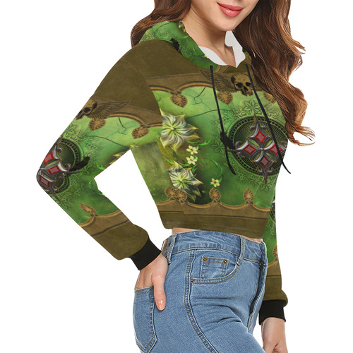 Wonderful gothic design with skull All Over Print Crop Hoodie for Women (Model H22)