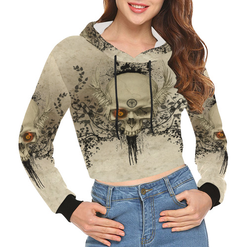 Amazing skull with wings,red eye All Over Print Crop Hoodie for Women (Model H22)